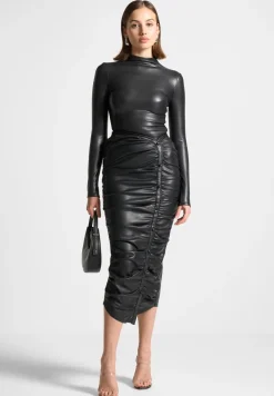 Vegan Leather Ruched Midaxi Skirt