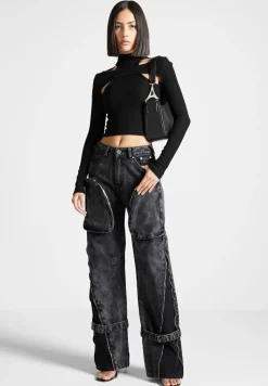 Zip Detail Denim Cargo Pants