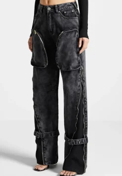 Zip Detail Denim Cargo Pants